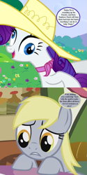 Size: 567x1134 | Tagged: safe, edit, edited screencap, screencap, character:derpy hooves, character:rarity, episode:a canterlot wedding, episode:mish mash melee, episode:slice of life, g1, g4, my little pony 'n friends, my little pony: friendship is magic, clothing, cropped, derp, dialogue, faec, g1 to g4, generation leap, hat, implied frazzits, implied pinkie pie, implied rainbow dash, implied vinyl scratch, personality swap, rarara, speech bubble, text, underp