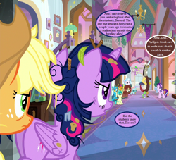 Size: 792x720 | Tagged: safe, edit, edited screencap, screencap, character:applejack, character:gallus, character:ocellus, character:sandbar, character:silverstream, character:smolder, character:spike, character:starlight glimmer, character:twilight sparkle, character:twilight sparkle (alicorn), character:yona, species:alicorn, species:changeling, species:draconequus, species:earth pony, species:griffon, species:pony, species:unicorn, species:yak, episode:a matter of principals, episode:slice of life, g4, my little pony: friendship is magic, angry, applejack's hat, clothing, cowboy hat, creepypasta, cropped, dialogue, female, hat, implied bugbear, implied death, implied donny, male, mare, messy mane, plot, school of friendship, speech bubble, student six, text
