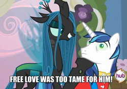 Size: 617x432 | Tagged: safe, edit, edited screencap, screencap, character:queen chrysalis, character:shining armor, episode:a canterlot wedding, g4, my little pony: friendship is magic, cropped, duo, hub logo, image macro, jet set radio, jet set radio future, mind control, reference