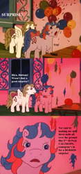 Size: 567x1215 | Tagged: safe, edit, edited screencap, screencap, character:buttons (g1), character:surprise, species:pegasus, species:pony, species:unicorn, episode:somnambula, g1, my little pony 'n friends, angry, balloon, balloon popping, bow, censored vulgarity, cropped, female, grawlixes, mare, nails, paradise estate, popping, reality ensues, surprised, tail bow, text, this will end in lameness, this will end in pain, uh oh