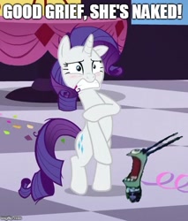 Size: 467x547 | Tagged: safe, edit, edited screencap, screencap, character:rarity, species:pony, species:unicorn, episode:make new friends but keep discord, g4, my little pony: friendship is magic, blushing, covering, crossover, embarrassed, female, male, mare, meme, naked rarity, nickelodeon, nudity, sheldon j. plankton, shocked, spongebob squarepants, text, the algae's always greener, we don't normally wear clothes