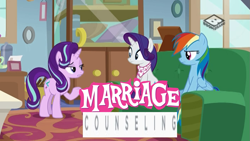 Size: 1023x575 | Tagged: safe, edit, edited screencap, screencap, character:rainbow dash, character:rarity, character:starlight glimmer, ship:raridash, episode:the end in friend, g4, my little pony: friendship is magic, bandana, boomerang (tv channel), boots, caption, clothing, couch, expand dong, exploitable meme, female, glitter boots, image macro, lesbian, meme, shipping, shoes, starlight's office