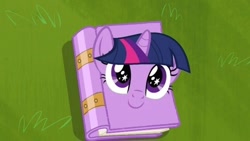 Size: 640x360 | Tagged: safe, edit, edited screencap, screencap, character:twilight sparkle, book, bookhorse, c:, intro, literal, objectification, smiling, species swap, starry eyes, wat, wingding eyes