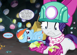 Size: 810x576 | Tagged: safe, edit, edited screencap, screencap, character:rainbow dash, character:rarity, species:pegasus, species:pony, species:unicorn, episode:the end in friend, g4, my little pony: friendship is magic, boots, bow, broken, cropped, dialogue, duo, female, gem, gem cave, glitter boots, helmet, implied maud pie, implied pinkie pie, mare, mining helmet, neckerchief, shoes, speech bubble, text, wagon