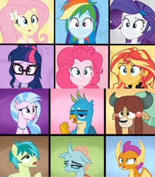 Size: 1348x1536 | Tagged: safe, edit, screencap, character:fluttershy, character:gallus, character:ocellus, character:pinkie pie, character:rainbow dash, character:rarity, character:sandbar, character:silverstream, character:smolder, character:sunset shimmer, character:twilight sparkle, character:twilight sparkle (scitwi), character:yona, species:eqg human, episode:get the show on the road, episode:school daze, eqg summertime shorts, g4, my little pony: equestria girls, my little pony: friendship is magic, my little pony:equestria girls, comparison, student six