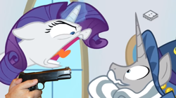 Size: 1366x763 | Tagged: safe, edit, edited screencap, screencap, character:rarity, character:star swirl the bearded, species:pony, species:unicorn, episode:friendship university, g4, my little pony: friendship is magic, angry, boomerang (tv channel), clothing, cowering, delet this, eye contact, faec, female, floppy ears, frown, glowing horn, gun, hand, handgun, hat, hoers, looking at each other, magic, male, mare, nose wrinkle, open mouth, pistol, rage, shouting rarity, stallion, tongue out, trigger discipline, wat, weapon, wide eyes