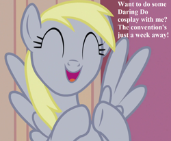 Size: 1088x897 | Tagged: safe, edit, edited screencap, screencap, character:derpy hooves, episode:slice of life, g4, my little pony: friendship is magic, bronybait, clothing, cosplay, costume, cropped, cute, derpabetes, text, town hall