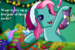 Size: 729x486 | Tagged: safe, edit, edited screencap, screencap, character:minty, episode:a very minty christmas, g3, bronybait, christmas, christmas lights, clothing, cropped, hat, holiday, hoof hold, mintabetes, santa hat, socks, striped socks, text, that pony sure does love socks