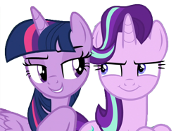 Size: 966x720 | Tagged: safe, edit, edited screencap, screencap, character:starlight glimmer, character:twilight sparkle, character:twilight sparkle (alicorn), species:alicorn, species:pony, species:unicorn, episode:a matter of principals, episode:shadow play, g4, my little pony: friendship is magic, background removed, bedroom eyes, duo, duo female, evil grin, female, grin, lidded eyes, looking at each other, mare, not a vector, simple background, smiling, smirk, smug, smuglight glimmer, transparent background