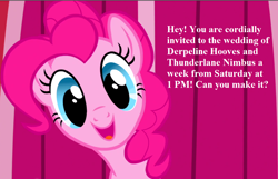 Size: 1134x729 | Tagged: safe, edit, edited screencap, screencap, character:pinkie pie, episode:applebuck season, g4, my little pony: friendship is magic, bronybait, cropped, cute, diapinkes, happy, implied derpy, implied shipping, implied straight, implied thunderlane, implied thunderplane, implied wedding, invitation, text