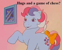 Size: 648x528 | Tagged: safe, edit, edited screencap, screencap, character:sweet stuff, species:earth pony, species:pony, species:twinkle eyed pony, episode:sweet stuff and the treasure hunt, g1, my little pony 'n friends, bow, bronybait, chess, cropped, cute, female, hug request, mare, paradise estate, picture, raised hoof, sweet sweet stuff, tail bow, text