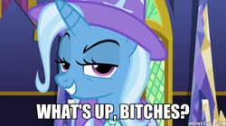 Size: 600x337 | Tagged: safe, edit, edited screencap, screencap, character:trixie, species:pony, species:unicorn, episode:no second prances, g4, my little pony: friendship is magic, image macro, meme, trixie yells at everything, vulgar