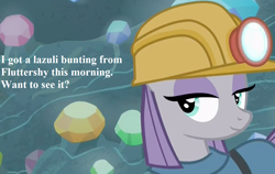 Size: 1216x768 | Tagged: safe, edit, edited screencap, screencap, character:maud pie, episode:rock solid friendship, g4, my little pony: friendship is magic, bronybait, cropped, gem cave, helmet, implied fluttershy, irrational exuberance, lamp, mining helmet, smiling, text, when she smiles