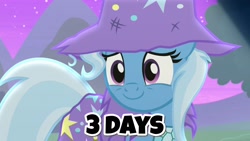 Size: 1970x1108 | Tagged: safe, edit, edited screencap, screencap, character:trixie, species:pony, species:unicorn, episode:no second prances, episode:on the road to friendship, g4, my little pony: friendship is magic, season 8, spoiler:s08, cape, clothing, countdown, cute, female, happy, hat, messy, smiling, solo, text, this will end in trixie, trixie's cape, trixie's hat