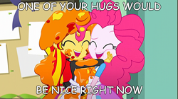 Size: 888x499 | Tagged: safe, edit, edited screencap, screencap, character:pinkie pie, character:sunset shimmer, episode:the art of friendship, eqg summertime shorts, g4, my little pony: equestria girls, my little pony:equestria girls, hug, meme