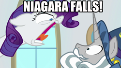 Size: 1920x1080 | Tagged: safe, edit, edited screencap, screencap, character:rarity, character:star swirl the bearded, episode:friendship university, g4, my little pony: friendship is magic, angry, faec, image macro, meme, moe howard, niagara falls, open mouth, shouting rarity, the three stooges