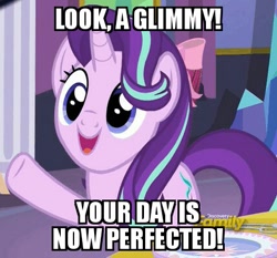 Size: 429x399 | Tagged: safe, edit, edited screencap, screencap, character:starlight glimmer, species:pony, species:unicorn, episode:no second prances, g4, my little pony: friendship is magic, 4chan, adorable face, cute, discovery family logo, glim glam, glimmerbetes, glimmy, good end, subverted meme, your day is awesome, your day is ruined
