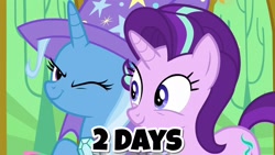 Size: 2560x1440 | Tagged: safe, edit, edited screencap, screencap, character:starlight glimmer, character:trixie, species:pony, species:unicorn, episode:no second prances, episode:on the road to friendship, g4, my little pony: friendship is magic, season 8, spoiler:s08, australia, best friends, boomerang (tv channel), cape, clothing, countdown, cute, duo, female, happy, hat, looking at each other, one eye closed, smiling, text, this will end in trixie, trixie's cape, trixie's hat, wink