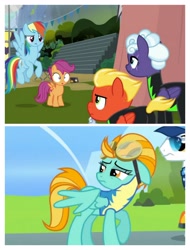 Size: 3106x4096 | Tagged: safe, edit, edited screencap, screencap, character:lightning dust, character:rainbow dash, character:rolling thunder, character:scootaloo, character:short fuse, species:pegasus, species:pony, episode:the washouts, episode:wonderbolts academy, g4, my little pony: friendship is magic, spoiler:s08, clothing, expelled, female, goggles, male, mare, stallion, uniform, washouts uniform, wonderbolt trainee uniform