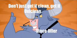 Size: 680x339 | Tagged: safe, edit, edited screencap, screencap, character:iron will, species:minotaur, caption, looking at you, male, microphone, necktie, nose piercing, nose ring, oxiclean, piercing, smiling, solo, text, thumbs up, troll quote, vince offer