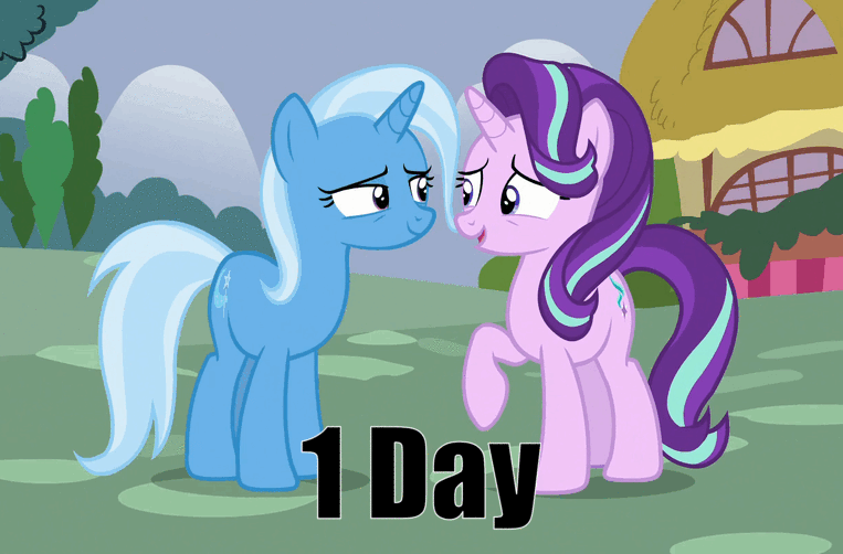 Size: 763x502 | Tagged: safe, edit, edited screencap, screencap, character:starlight glimmer, character:trixie, species:pony, species:unicorn, episode:all bottled up, episode:on the road to friendship, g4, my little pony: friendship is magic, season 8, spoiler:s08, animated, countdown, cute, duo, duo female, female, gif, happy, hug, mare, ponyville, text, this will end in trixie