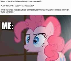 Size: 1116x956 | Tagged: safe, edit, edited screencap, screencap, character:lightning dust, character:pinkie pie, species:earth pony, species:pony, episode:party of one, episode:the washouts, g4, my little pony: friendship is magic, drama, fandom, hypocrisy, irony, lightning dust drama, meta, nothing to see here, op has a point, redemption, text, truth, vulgar, wtf face
