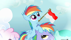 Size: 1280x720 | Tagged: safe, edit, edited screencap, screencap, character:rainbow blaze, character:rainbow dash, species:pegasus, species:pony, episode:games ponies play, g4, my little pony: friendship is magic, cloud, cute, flag, happy indonesian independence day, indonesia, mouth hold, mouthpiece, ponies riding ponies