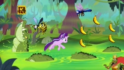 Size: 800x450 | Tagged: safe, edit, edited screencap, screencap, character:starlight glimmer, species:pony, species:unicorn, episode:on the road to friendship, banana, cute, donkey kong country, dragonfly, female, food, giant insect, king k. rool, mare, swamp, wasp