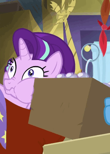 Size: 384x540 | Tagged: safe, edit, edited screencap, screencap, character:starlight glimmer, character:trixie, species:pony, species:unicorn, episode:on the road to friendship, :t, animated, box, derp, duo, duo female, edited edit, faec, female, frown, hammock, looking back, mare, nose wrinkle, on back, puffy cheeks, pushing, scrunchy face, solo focus, squeezing, squishy, squishy cheeks, stuck, wavy mouth, wide eyes
