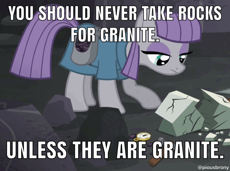 Size: 750x558 | Tagged: safe, edit, edited screencap, screencap, character:maud pie, species:earth pony, species:pony, episode:rock solid friendship, g4, my little pony: friendship is magic, animated, clothing, female, granite, image macro, looking down, mare, meme, pun, rock, solo
