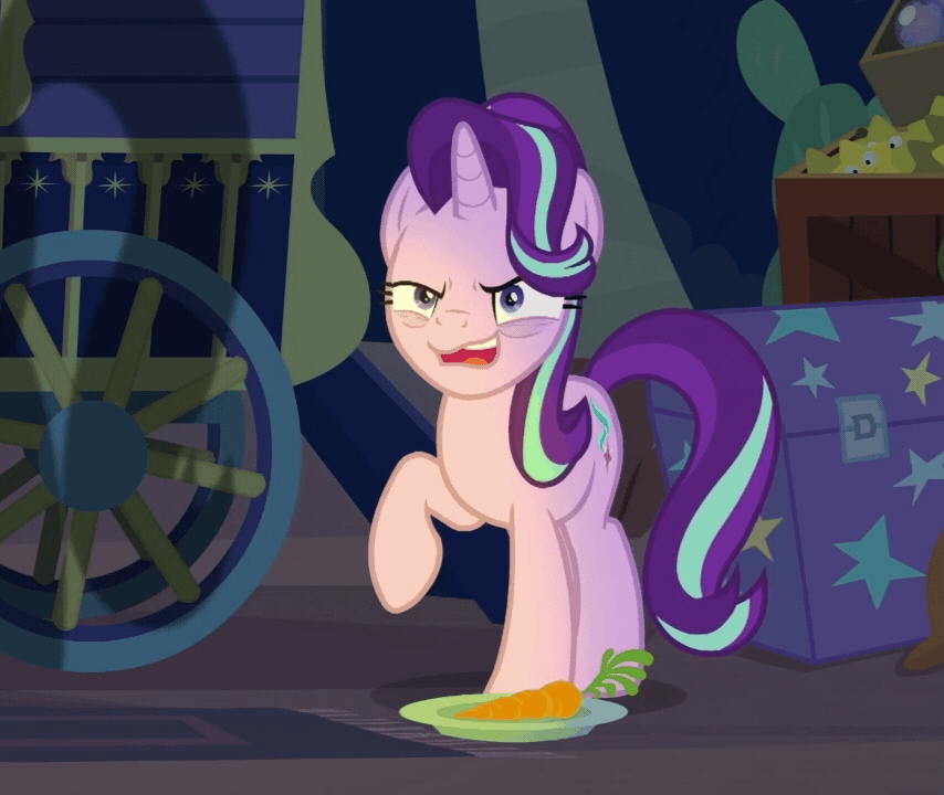 Size: 854x720 | Tagged: safe, edit, edited screencap, screencap, character:starlight glimmer, species:pony, species:unicorn, episode:on the road to friendship, animated, bags under eyes, carrot, faec, female, food, gif, insanity face, laughing, mare, raised hoof, solo, trixie's wagon