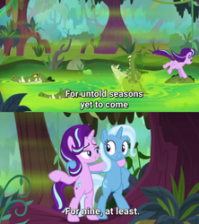 Size: 1470x1659 | Tagged: safe, edit, edited screencap, screencap, character:starlight glimmer, character:trixie, species:pony, species:unicorn, episode:on the road to friendship, season 9, bipedal, breaking the fourth wall, crocodile, duo, duo female, female, foreshadowing, fourth wall, glimmer glutes, harsher in hindsight, hilarious in hindsight, jumping, mare, plot, subtitles, swamp, we're friendship bound