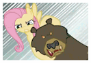 Size: 133x93 | Tagged: safe, edit, edited screencap, screencap, character:fluttershy, character:harry, episode:lesson zero, g4, my little pony: friendship is magic, animated, bear, deviantart stamp, hub logo, picture for breezies, stamp