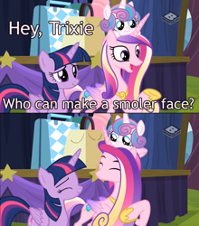 Size: 825x938 | Tagged: safe, edit, edited screencap, screencap, character:princess cadance, character:princess flurry heart, character:twilight sparkle, character:twilight sparkle (alicorn), species:alicorn, species:pony, episode:on the road to friendship, baby, baby pony, female, image macro, mare, meme, pony hat, smol, workaholics