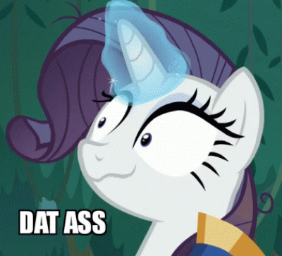 Size: 400x363 | Tagged: safe, edit, edited screencap, screencap, character:mean rarity, species:changeling, species:pony, species:unicorn, episode:the mean 6, g4, my little pony: friendship is magic, 4chan, animated, ass, aura, booty had me like, caption, clone, dat butt, female, gif, glowing horn, image macro, magic, mane, mare, meme, purple, shaking, thread, vibrating