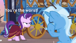 Size: 1171x659 | Tagged: safe, edit, edited screencap, screencap, character:starlight glimmer, character:trixie, species:pony, species:unicorn, episode:on the road to friendship, abuse, boomerang (tv channel), clothing, crying, duo, female, hoo'far's wagon, mare, messy mane, op is a duck, robe, sad, trixiebuse