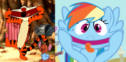 Size: 1074x527 | Tagged: safe, edit, screencap, character:rainbow dash, episode:a bird in the hoof, g4, my little pony: friendship is magic, comparison, faec, funny face, roo, tigger, tongue out, who likes to?, winnie the pooh, winnie the pooh toddler (pc)