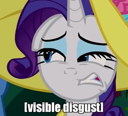 Size: 791x716 | Tagged: safe, edit, edited screencap, screencap, character:rarity, species:pony, species:unicorn, episode:sweet and elite, g4, my little pony: friendship is magic, 4chan, absolutely disgusting, canterlot, clothing, disgusted, dress, eww, excalibur face, eyeshadow, female, funny face, hat, image macro, makeup, mare, meme, purple, reaction image, sapphire, season 2, teeth