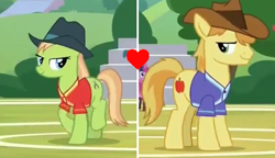 Size: 736x424 | Tagged: safe, edit, edited screencap, screencap, character:braeburn, character:yuma spurs, species:earth pony, species:pony, episode:the end in friend, g4, my little pony: friendship is magic, apple family member, background pony, braespurs, crack shipping, female, lidded eyes, male, mare, shipping, shipping domino, stallion, straight