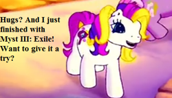 Size: 392x224 | Tagged: safe, edit, edited screencap, screencap, character:puzzlemint, character:wysteria, episode:positively pink, g3, bronybait, cropped, cute, hug request, myst, myst iii exile, puzzlebetes, text, that pony sure does love puzzles