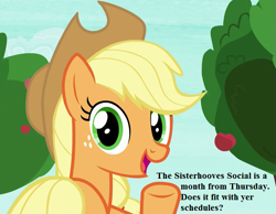 Size: 567x441 | Tagged: safe, edit, edited screencap, screencap, character:applejack, episode:non-compete clause, g4, my little pony: friendship is magic, apple, apple tree, applejack's hat, bronybait, clothing, cowboy hat, cropped, cute, food, hat, invitation, jackabetes, text, tree