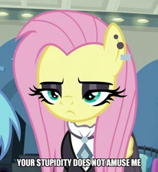 Size: 849x923 | Tagged: safe, edit, edited screencap, screencap, character:fluttershy, species:pegasus, species:pony, episode:fake it 'til you make it, 4chan, amused, clothing, ear piercing, earring, emo, eyeshadow, female, fluttergoth, fluttershy is not amused, gauges, goth, jewelry, lashes, lights, makeup, mare, necklace, not amused face, piercing, store, stupid people, stupidity, suit, unamused, yellow