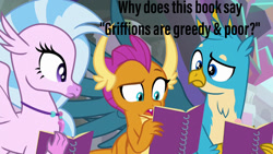 Size: 1280x720 | Tagged: safe, edit, edited screencap, screencap, character:gallus, character:silverstream, character:smolder, species:dragon, species:griffon, episode:the end in friend, g4, my little pony: friendship is magic, book, stereotype, text