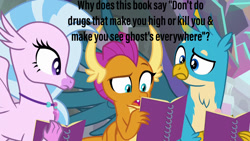 Size: 1280x720 | Tagged: safe, edit, edited screencap, screencap, character:gallus, character:silverstream, character:smolder, species:dragon, species:griffon, species:hippogriff, episode:the end in friend, g4, my little pony: friendship is magic, notebook, raised eyebrow, text