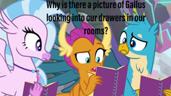 Size: 1280x720 | Tagged: safe, edit, edited screencap, screencap, character:gallus, character:silverstream, character:smolder, species:classical hippogriff, species:dragon, species:griffon, species:hippogriff, episode:the end in friend, g4, my little pony: friendship is magic, female, male, notebook, pervert, text, we don't normally wear clothes