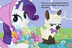 Size: 1620x1080 | Tagged: safe, edit, edited screencap, screencap, character:rarity, character:sweetie belle, species:sheep, episode:forever filly, g4, my little pony: friendship is magic, animal costume, balloon, clothing, costume, cropped, cute, flower, pun, raribetes, sheepie belle, sweetie belle is not amused, text, unamused