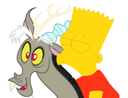 Size: 2804x2152 | Tagged: safe, edit, edited screencap, screencap, character:discord, bart simpson, bartcord, crack shipping, crossover, crossover shipping, downvote bait, every day we stray further from god's light, gay, god is dead, kissing, male, neck kiss, only the dead can know peace from this evil, shipping, simple background, the simpsons, this is why we can't have nice things, wat, where is your god now?, why