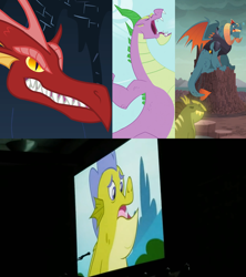 Size: 1920x2160 | Tagged: safe, edit, edited screencap, screencap, character:basil, character:dragon lord torch, character:princess ember, character:sludge, character:spike, species:dragon, episode:dragonshy, episode:father knows beast, episode:gauntlet of fire, episode:secret of my excess, g4, my little pony: friendship is magic, comic con, comparison, male, op is a duck, op is trying to start shit, open mouth, rex (dragon), san diego comic con, spikezilla