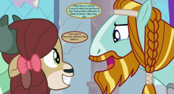 Size: 968x528 | Tagged: safe, edit, edited screencap, screencap, character:rockhoof, character:yona, species:earth pony, species:pony, species:yak, episode:a rockhoof and a hard place, g4, my little pony: friendship is magic, beard, braid, cropped, dialogue, doctor who, duo, facial hair, female, implied dalek, implied derpy, implied doctor whooves, male, moustache, speech bubble, stallion, text, that pony sure does love storytelling