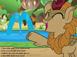 Size: 931x686 | Tagged: safe, edit, edited screencap, screencap, character:fern flare, character:pumpkin smoke, character:spring glow, species:kirin, episode:sounds of silence, g4, my little pony: friendship is magic, background kirin, cropped, fountain, gilbert and sullivan, lyrics, raised hoof, singing, song reference, text